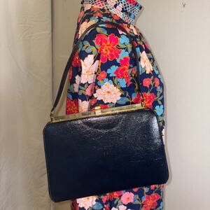 Vintage Handbag Navy Blue Leather, 7" strap drop/10.5" Wide/8" tall/Very Clean